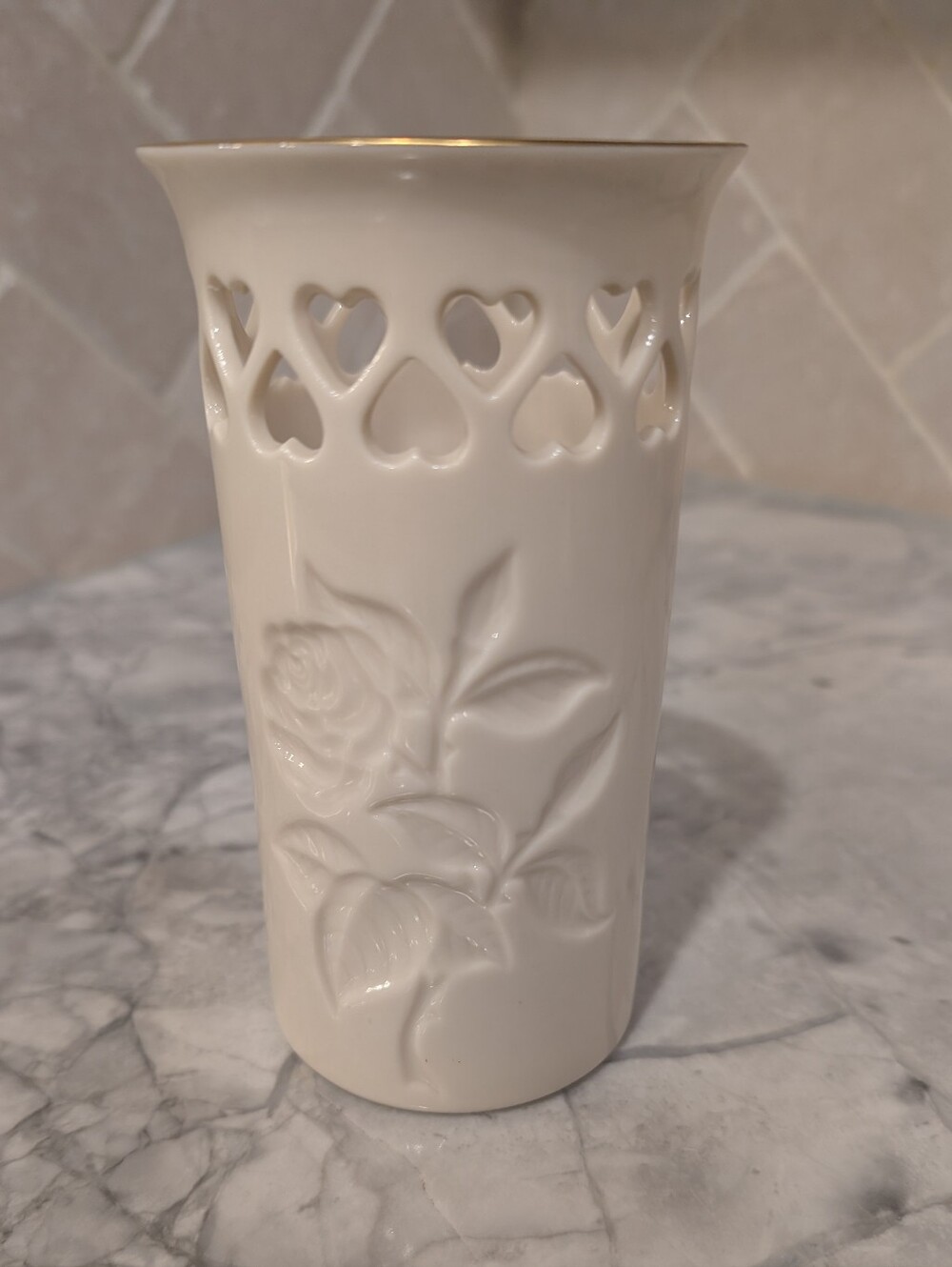 Lenox Heart Vase White Ceramic Vase with Gold Rim and Heart Cutouts